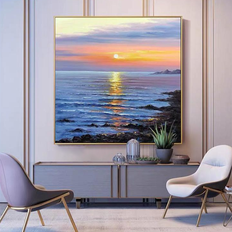 肌理纯手绘油画客厅沙发背景墙装饰画现代简约餐厅挂画日出海浪