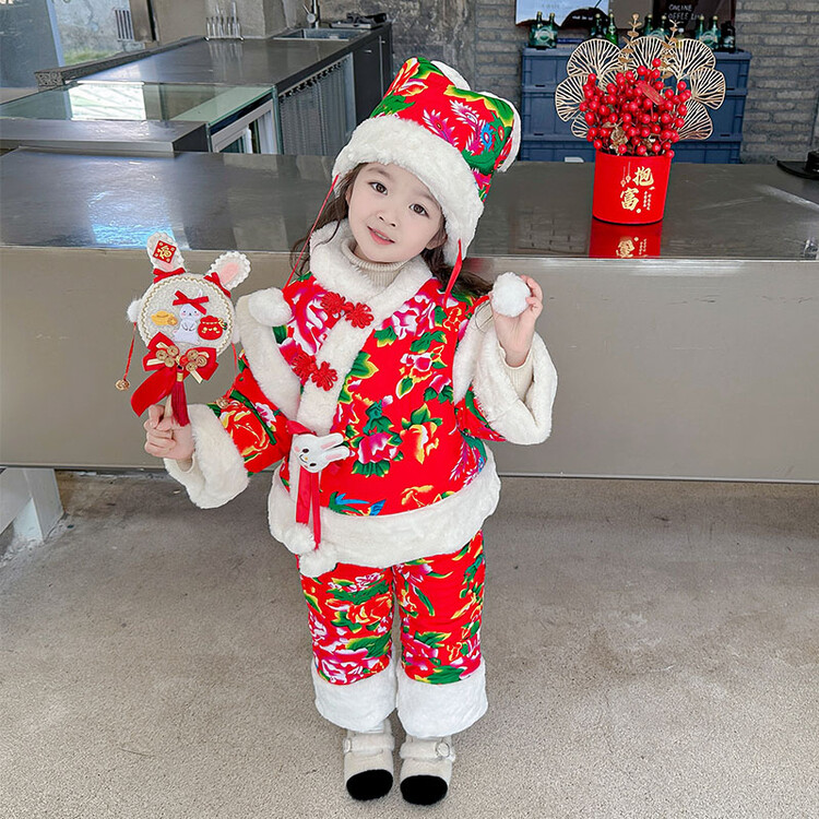 【现货小兔子大花袄】3件套加绒加厚特保暖喜庆中国结拜年服套装