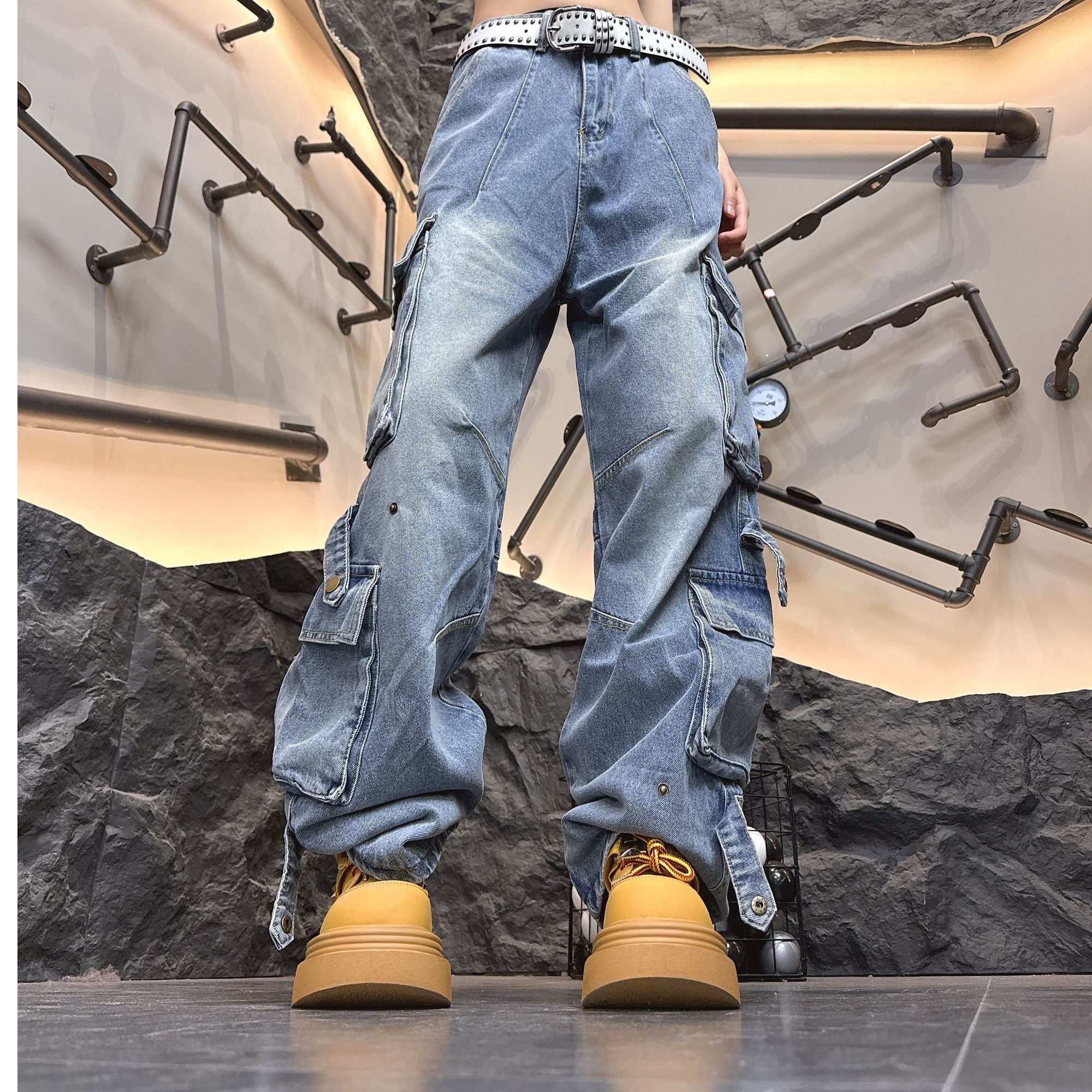 （二）十三姨复古多口袋工装裤潮牌vibe高腰显瘦宽松阔腿拖地长裤