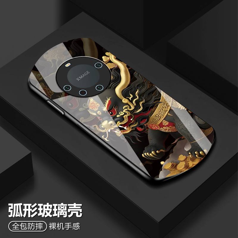 华为Mate60新款弧形玻璃壳聚财貔貅红色中国风防摔保护套