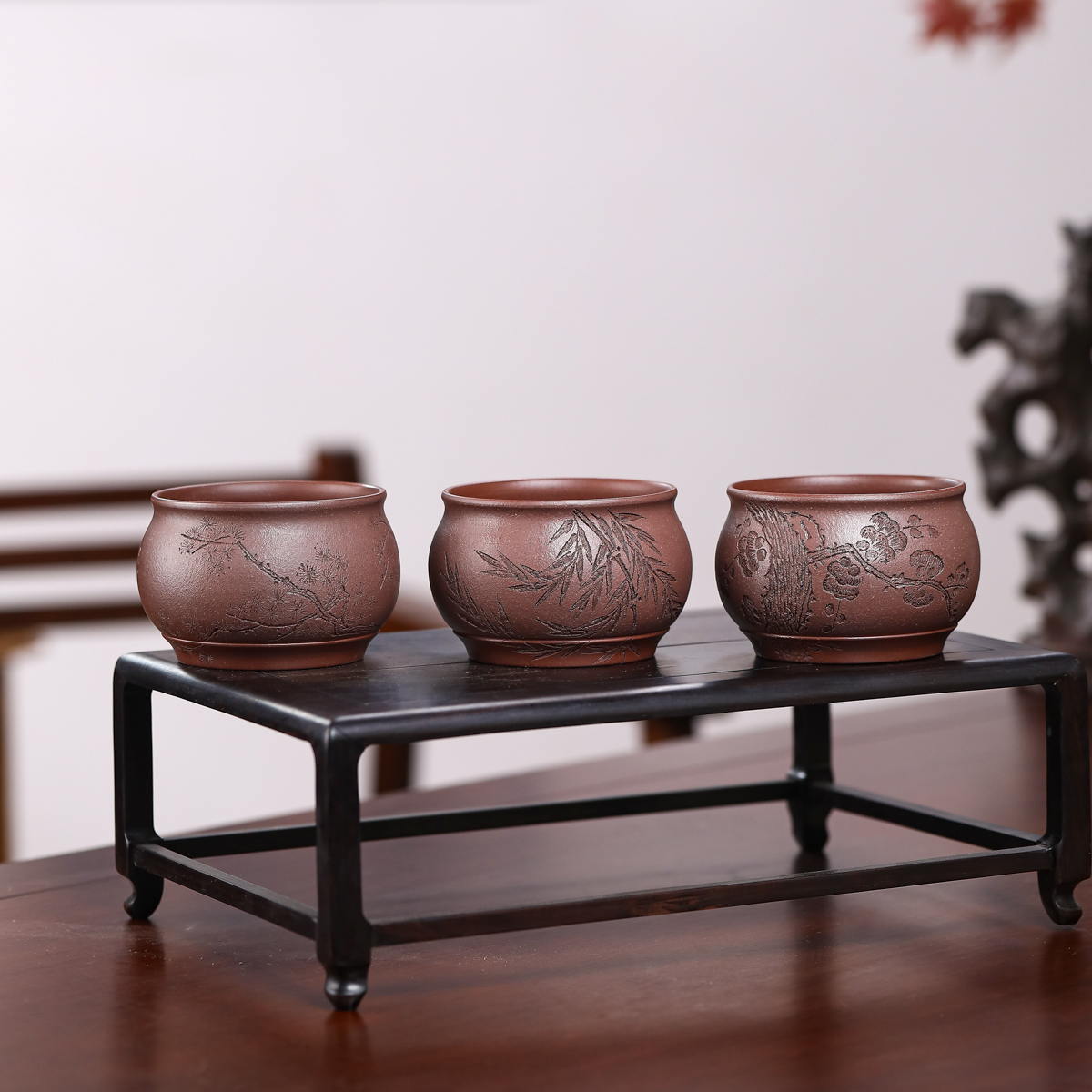 手工杯 | 宜兴紫砂  蜀垚粉浆时来运转松竹梅套组主人杯