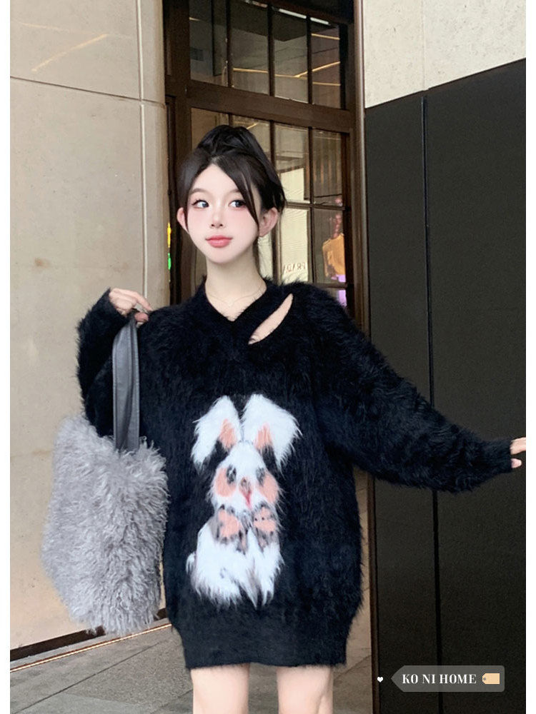 马海毛兔子毛衣2023女秋冬加厚宽松慵懒风软糯套头露肩针织上衣