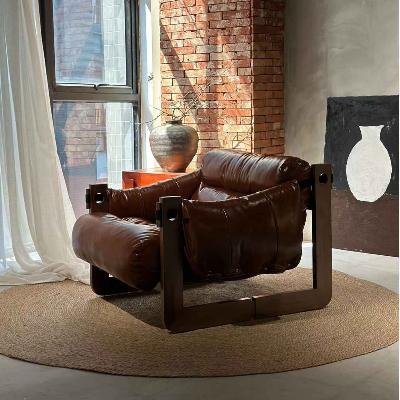 中古风泽西岛椅油蜡皮白蜡木沙发椅客厅休闲懒人设计师创意复古