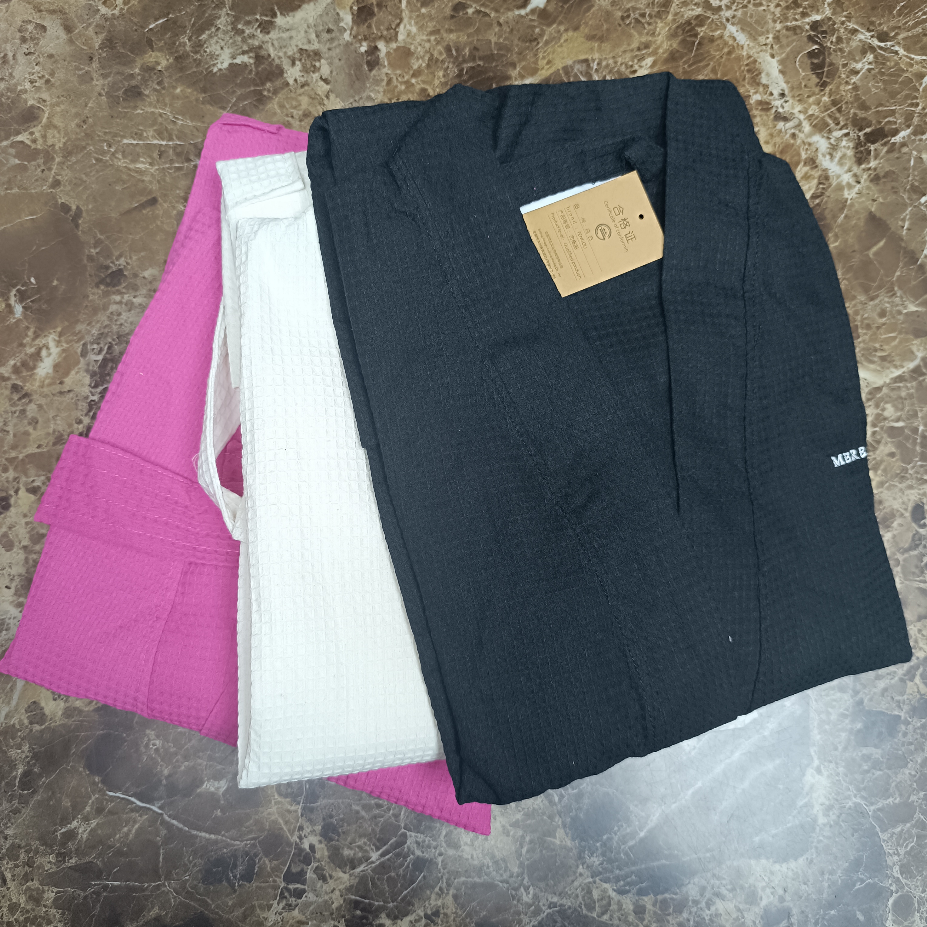 Z101外贸尾单睡袍100棉短款华夫格浴袍吸水透气微瑕