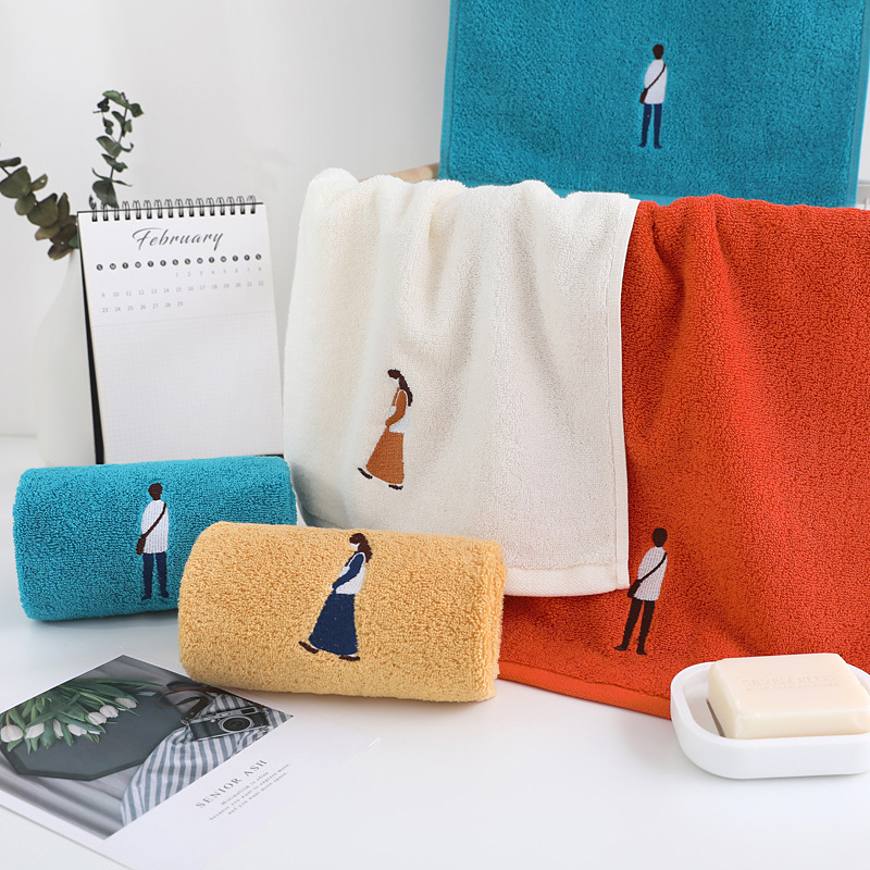 ZJ005纯棉毛巾刺绣面巾四色情侣背包文艺洗脸巾不掉毛纯色洗脸巾