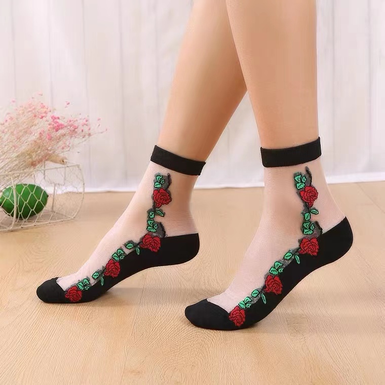 夏季冰丝透气棉底时尚百搭女士花瓣百搭中筒袜丝袜提花女袜水晶袜