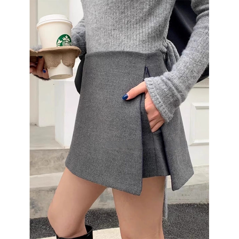 秋冬新款侧拉链高腰显瘦毛呢A字包臀短裙法式小众休闲半身裙