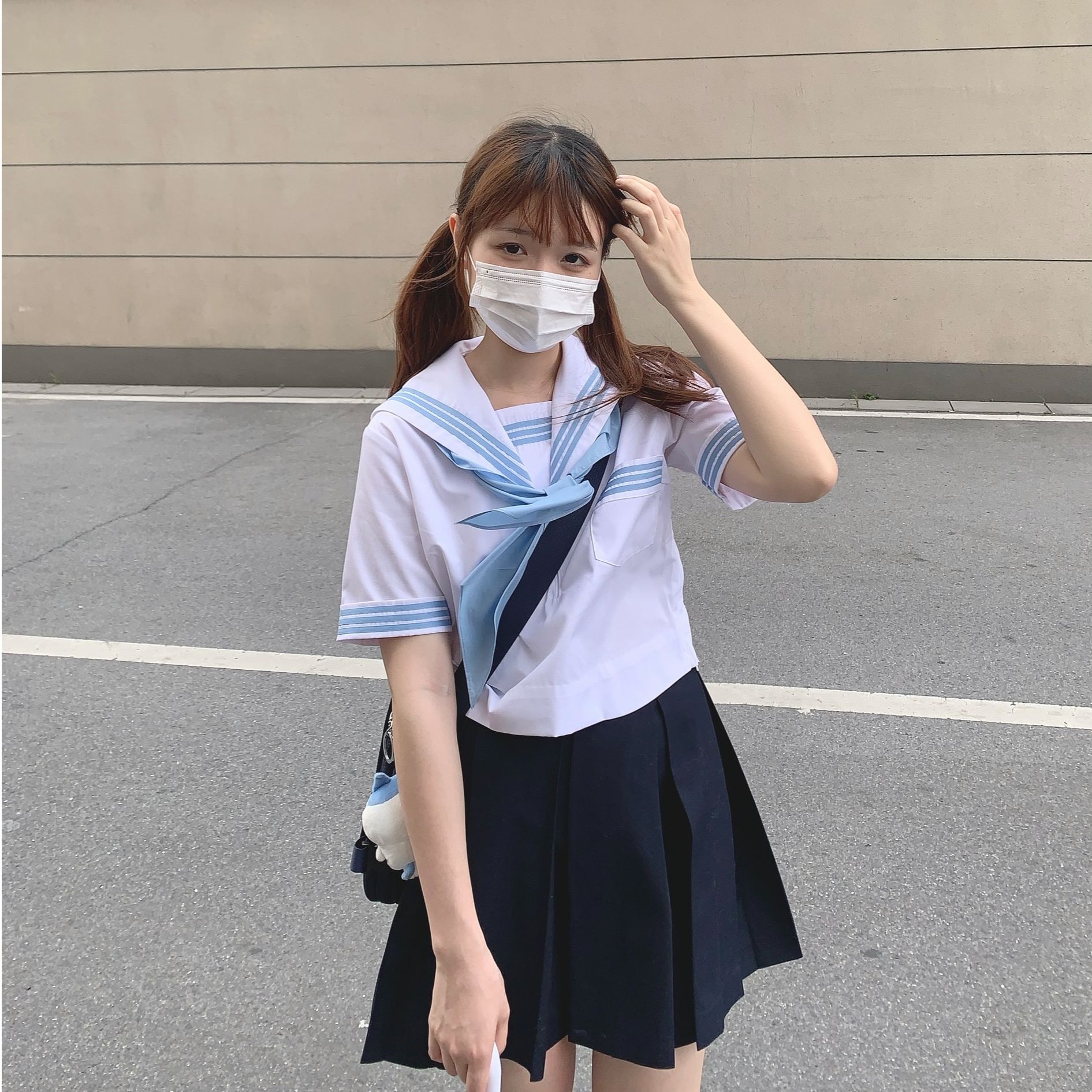 原茵夏季关西襟满襟线夏服水手服上衣短袖基础款TC面料三本校供感