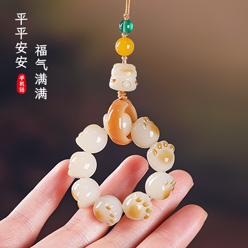 炭烧菩提根雕刻可爱招财猫爪手机链指尖盘玩小手捻钥匙扣包挂饰件