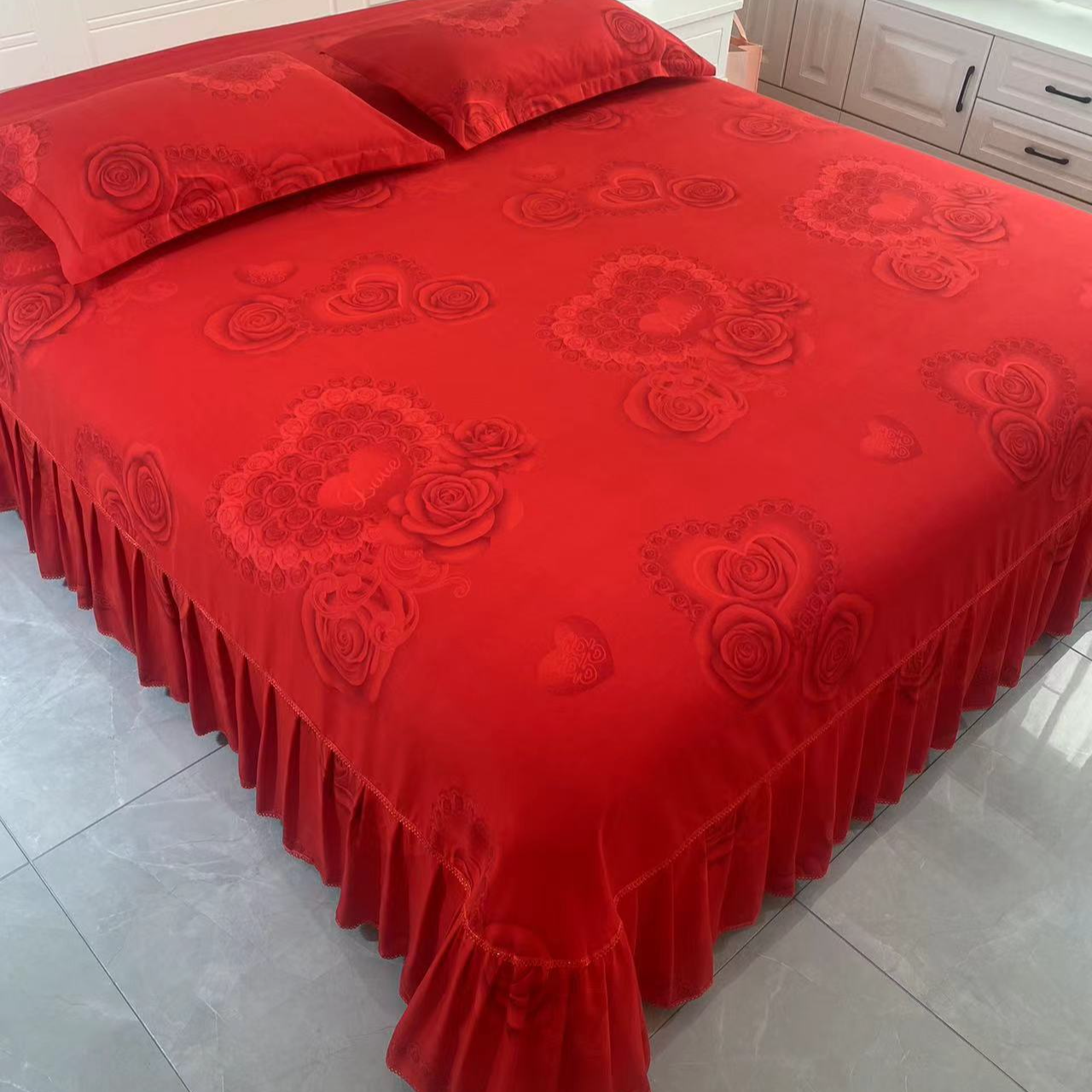 【米悦】花开玫瑰 韩版床裙（首次清洗轻微掉浮色）结婚婚庆大红色