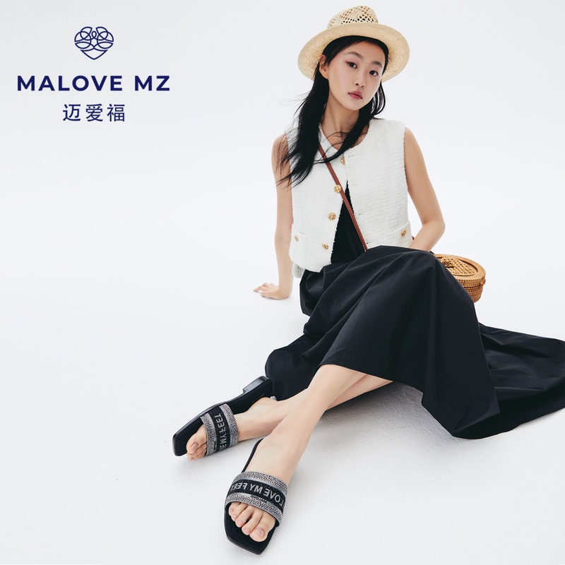 MALOVEMZ显瘦设计师平底凉拖夏季新款圆头时尚气质拖鞋女23P10-1