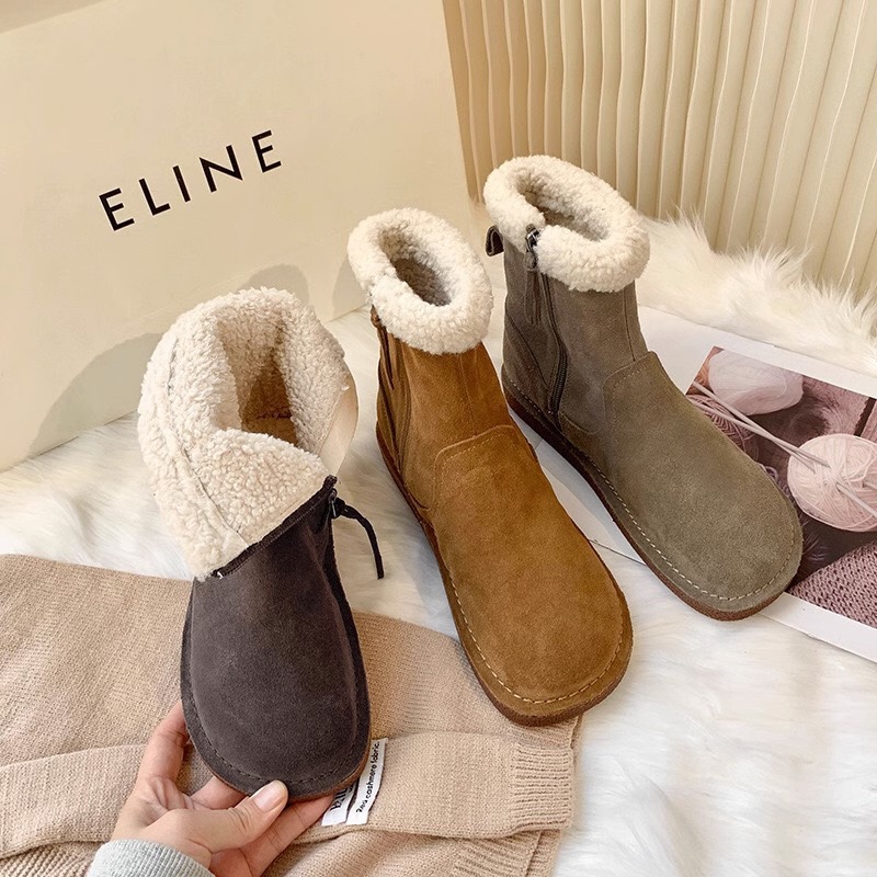 网红复古时尚圆头丑萌鞋秋冬新款毛毛雪地靴高颜值加绒加厚马丁靴