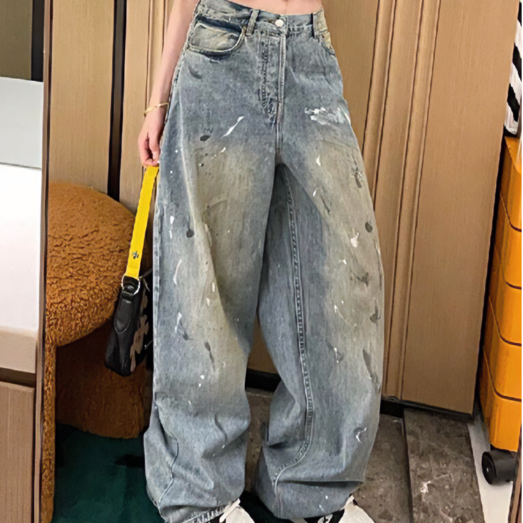 大码胖MM泼墨做旧水洗阔腿秋季设计感小众高腰牛仔裤女显瘦直筒裤