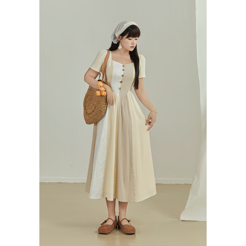 月半鱼现货【暮棠梨】法式复古温柔重工拼色拼接连衣裙小众度假裙