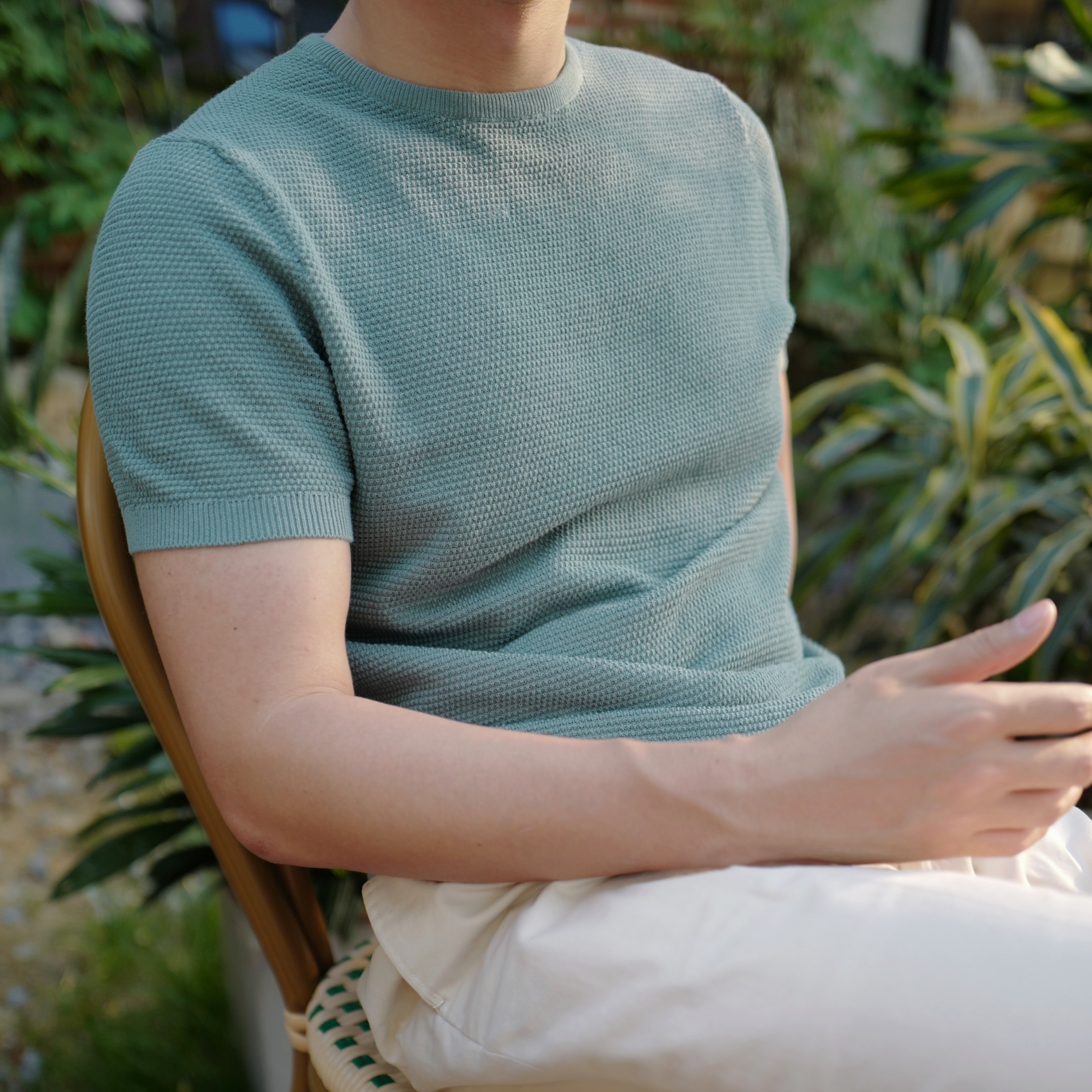 「80s精梳棉」Hoshea Wang 男士夏季纯棉荔枝纹针织T恤套头短袖