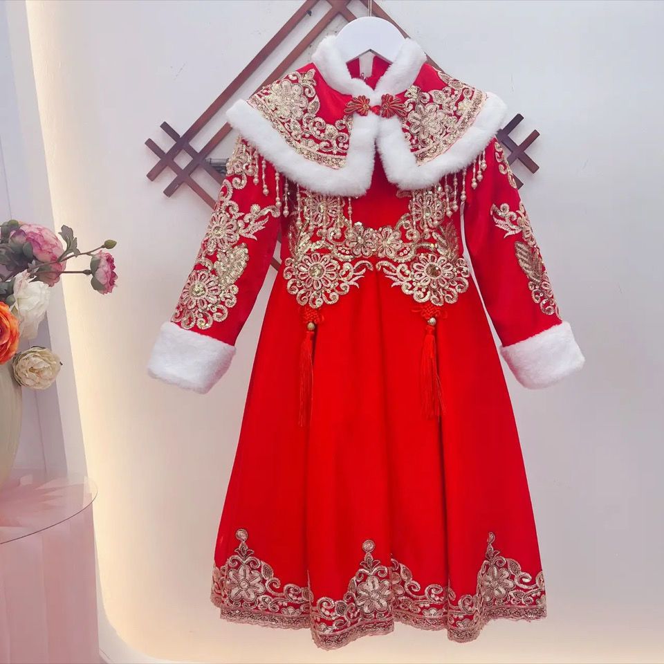 女童汉服秋冬季儿童礼服连衣裙云肩中国风新年唐装过年拜年服礼服