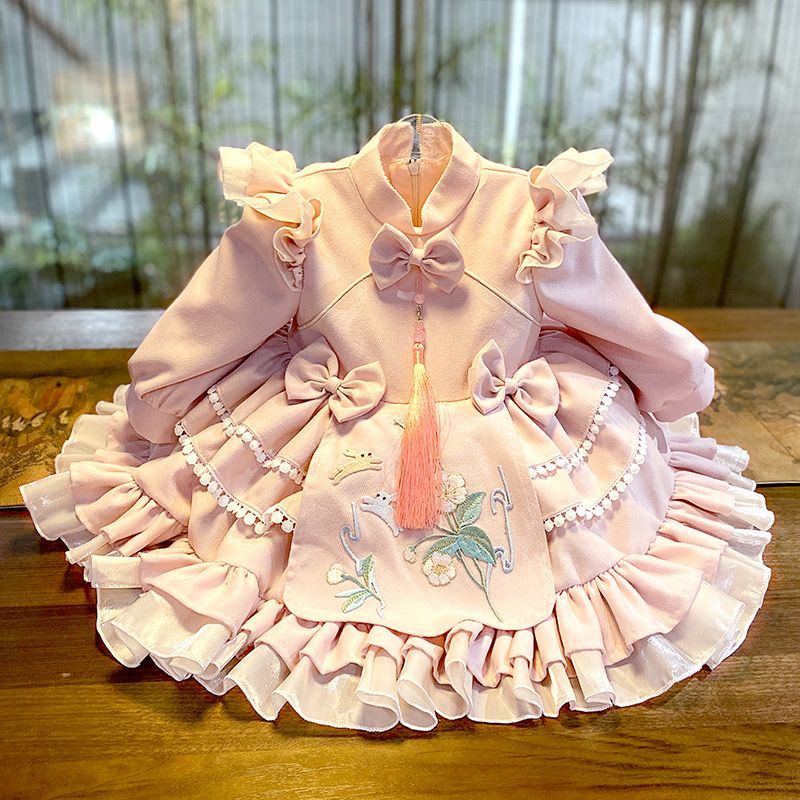 女童连衣裙2023新款加绒洛丽塔公主裙宝宝周岁红色喜庆礼服拜儿童