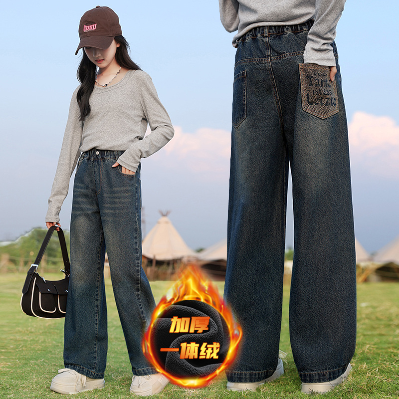 女大童冬装加绒牛仔裤初中生女孩加厚一体绒阔腿裤儿童冬季直筒裤