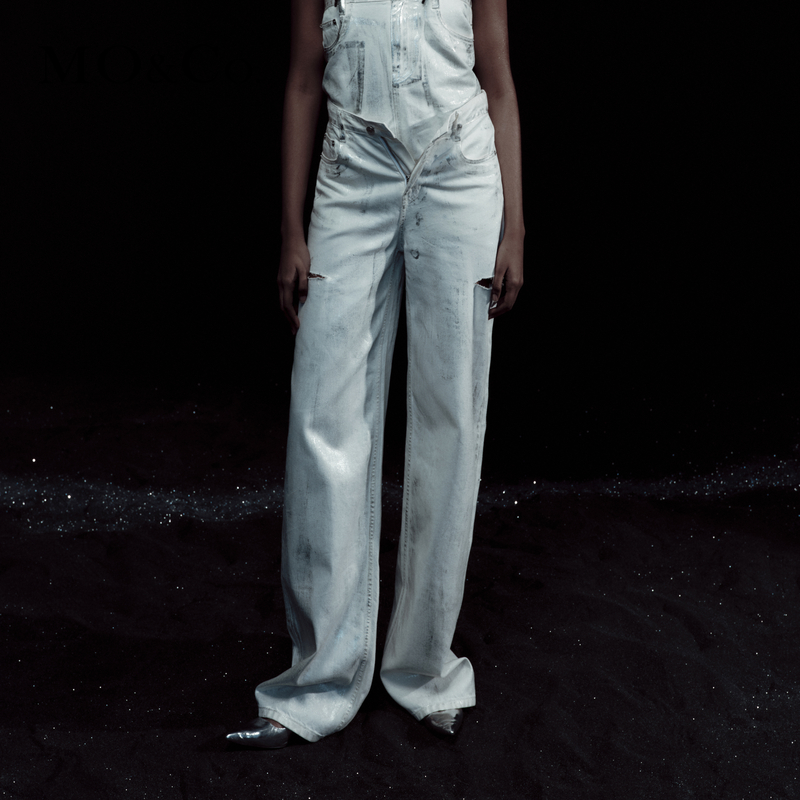 MOCO夏斑驳银光裂口破洞中低腰阔腿裤牛仔裤MBD2JEN032