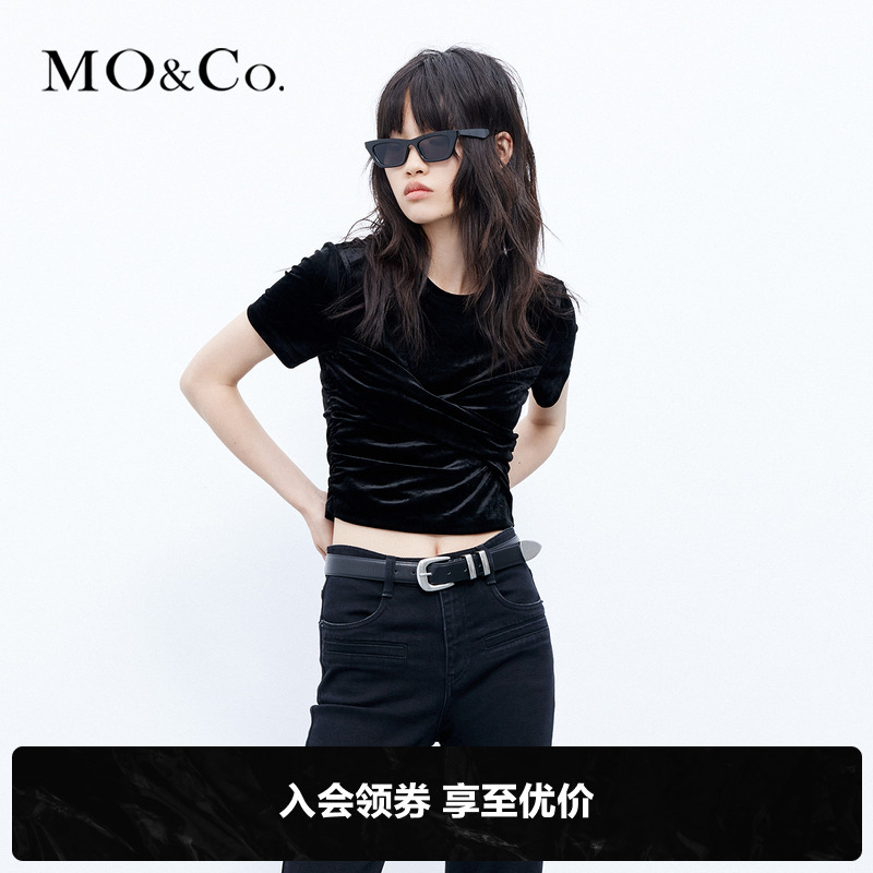 MOCO秋三醋酸混纺解构交叉手工捏褶短款上衣MBC3TOP003