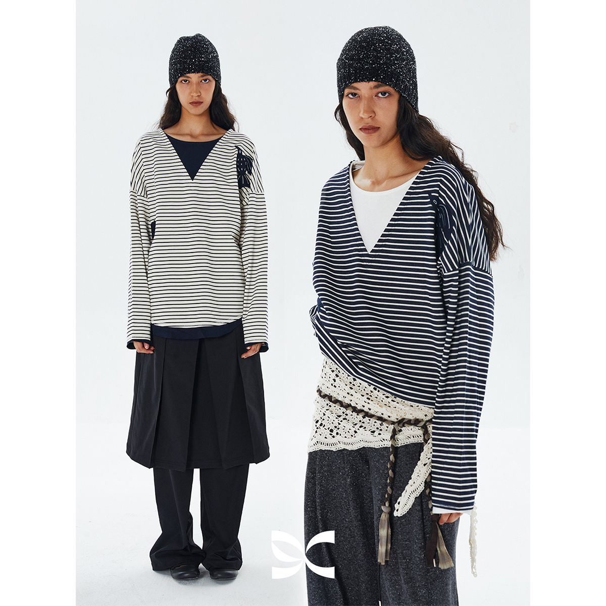 square circle方圆 撞色条纹毛边贴布绣宽松休闲假两件长袖薄卫衣