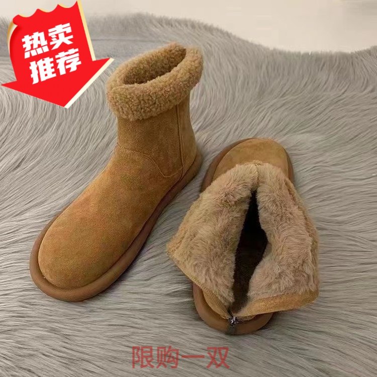 大东薇雪地靴女冬2023年冬季新款森系复古加绒棉鞋子平底丑萌毛毛