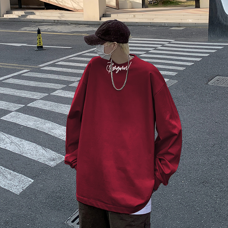 酒红色全棉长袖t恤男生重磅美式hiphop上衣秋季高街小领口打底衫