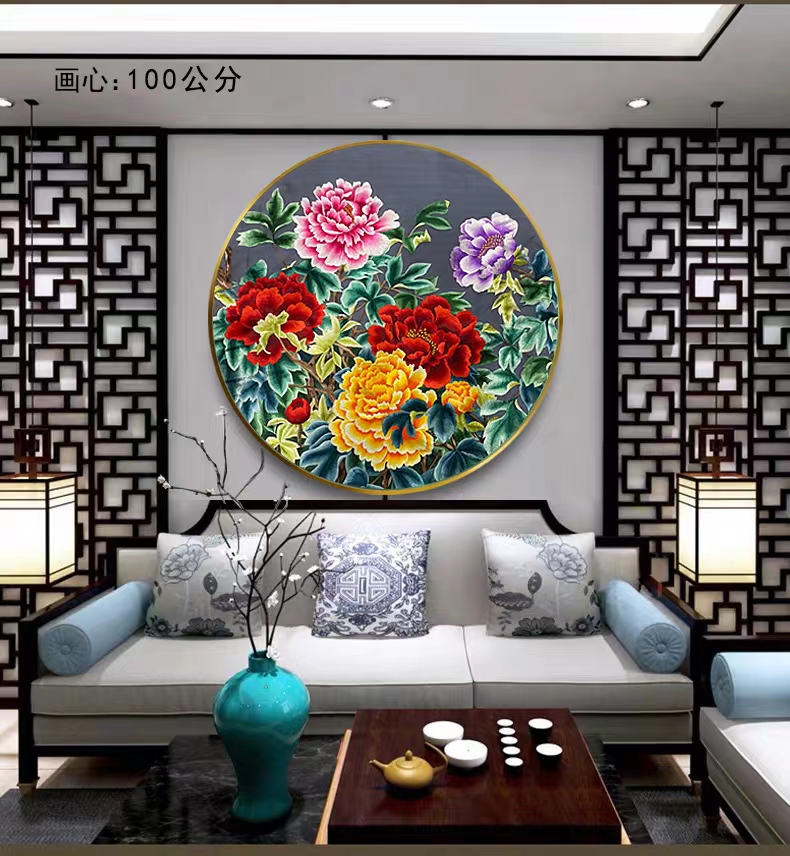 苏绣客厅背景墙挂画玄关画牡丹国色天香千里江山富贵有余非遗挂画