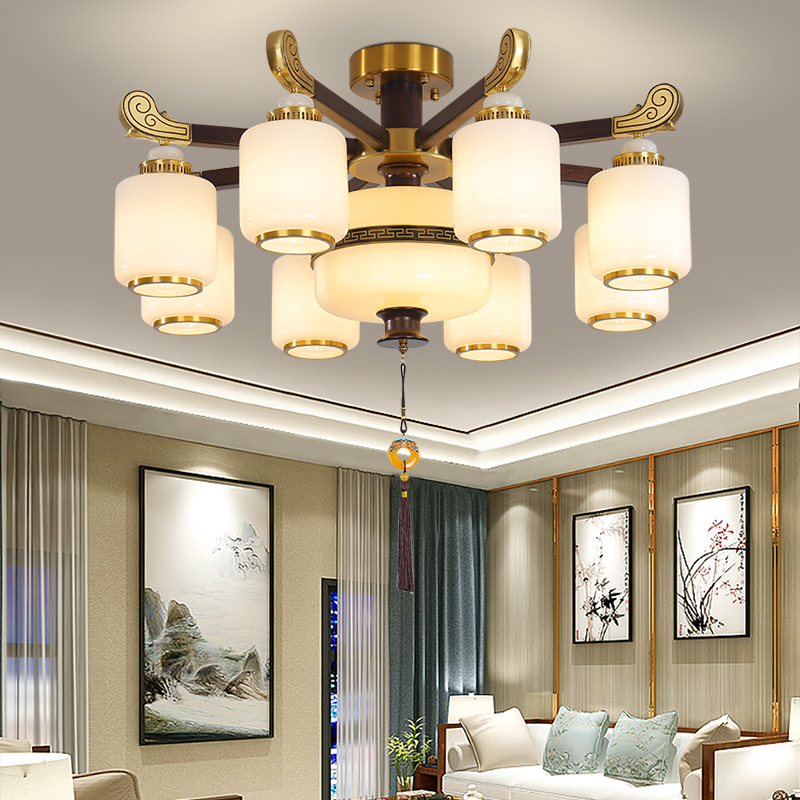 新中式客厅吊灯别墅复式楼全铜实木餐厅灯中国风高端大气大厅灯具