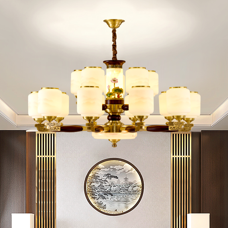 2024新款新中式高端乌金木大气全铜+玉石客厅餐厅卧室吊灯