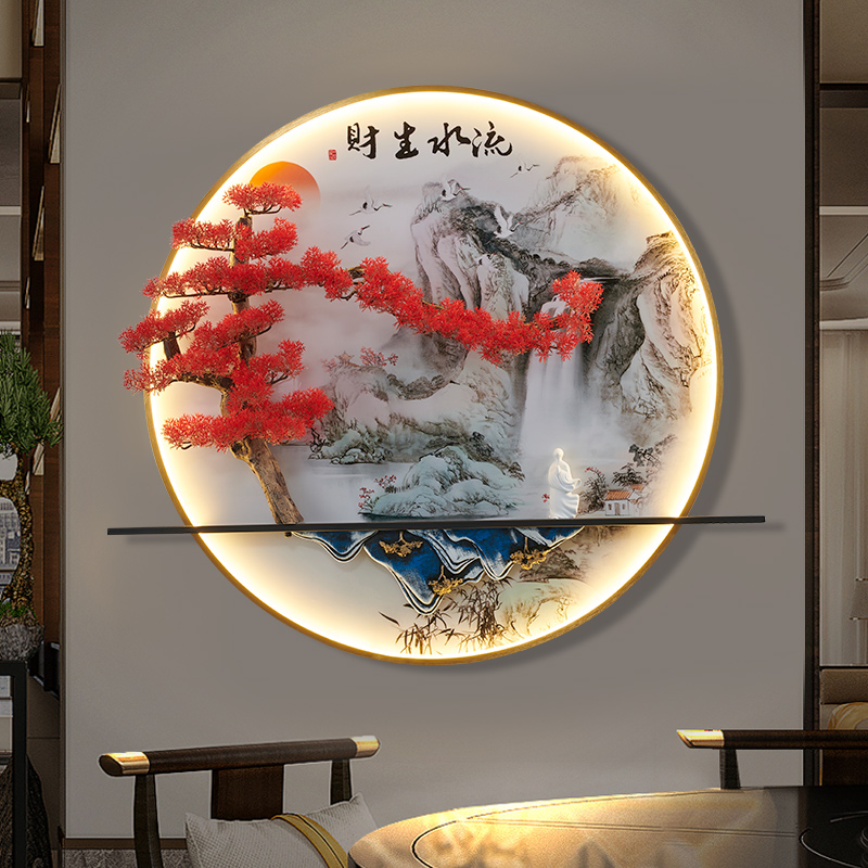 新中式圆形装饰画壁灯入户玄关山水画发光灯光壁画客厅背景墙挂画