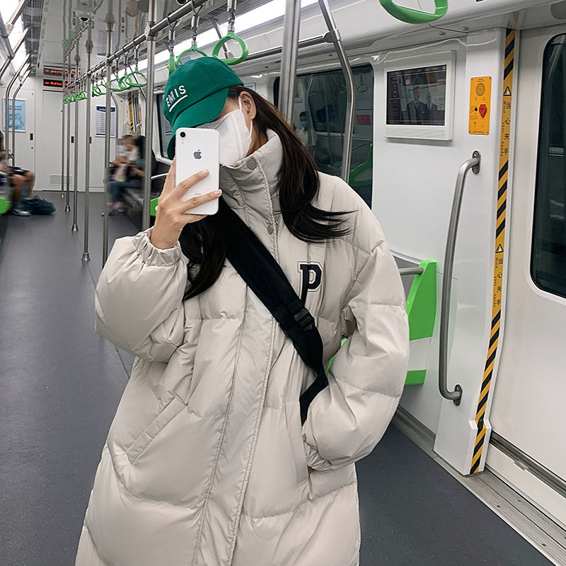 艾鸭2023新款P字长款羽绒服女韩版宽松过膝棉衣冬季加厚棉袄外
