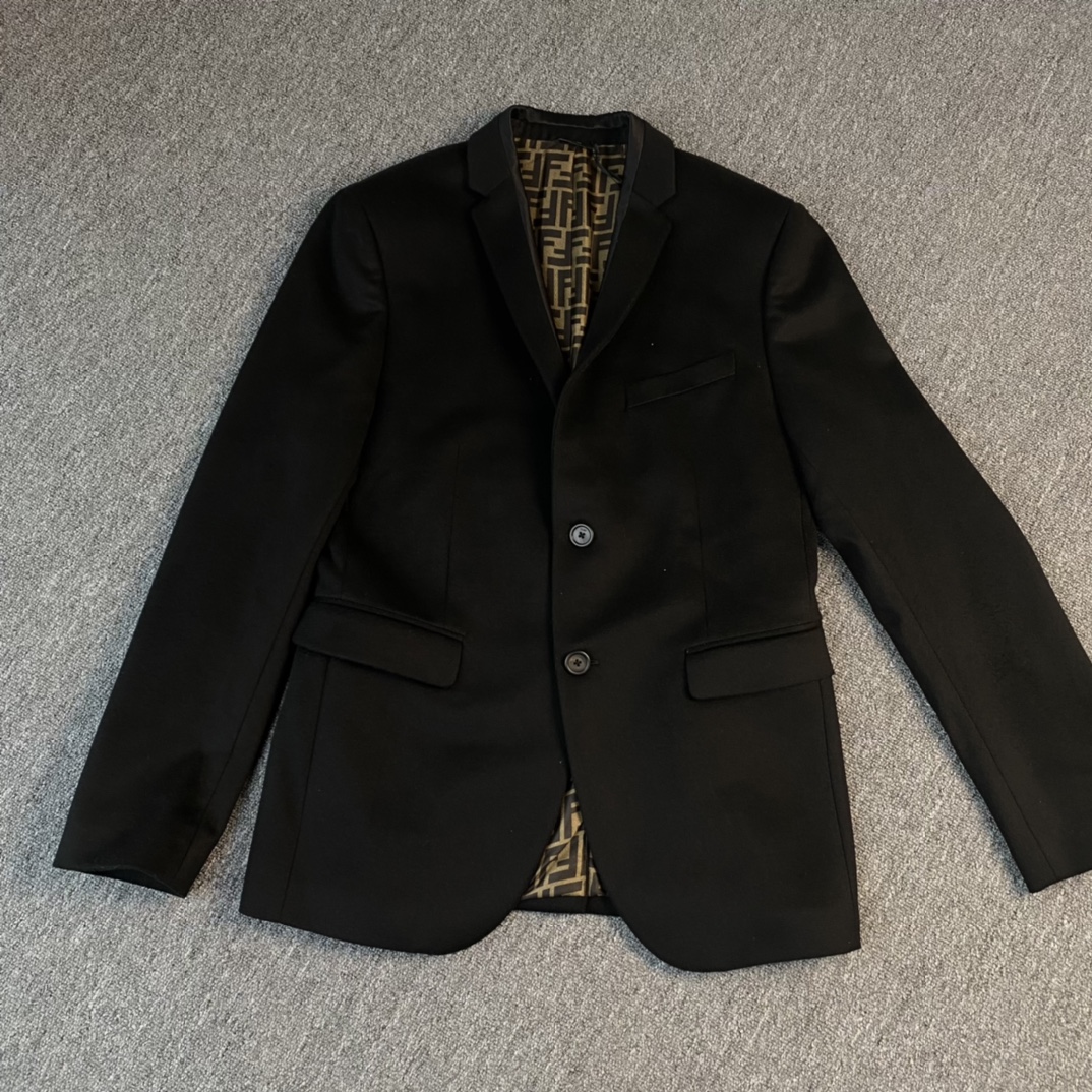 全新未使用 FENDI/芬迪 男士内里咖啡老花黑色羊毛西装外套114508