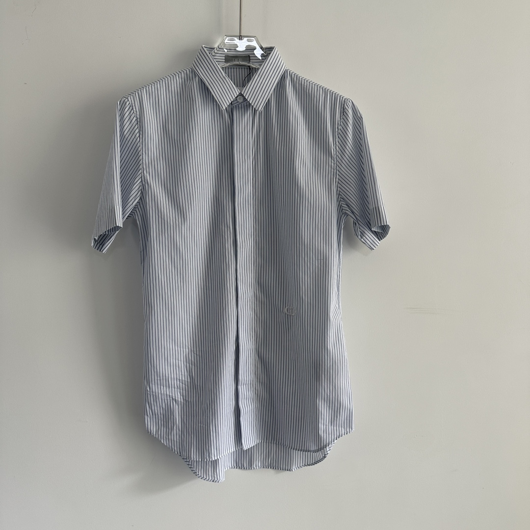 全新未使用 DIOR/迪奥 男士蓝色条纹短袖CD衬衫129425百搭夏季