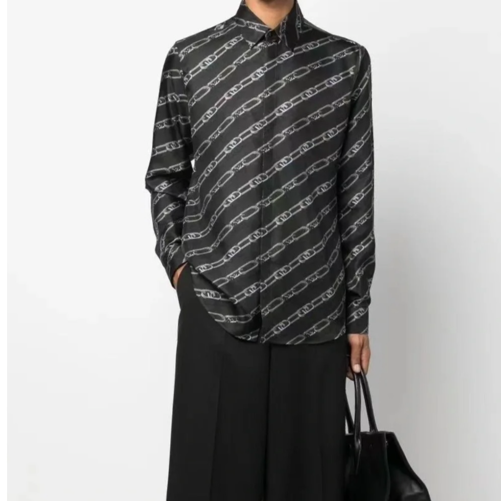 全新未使用 FENDI/芬迪  男士黑色双F锁链桑蚕丝长袖衬衫128754  