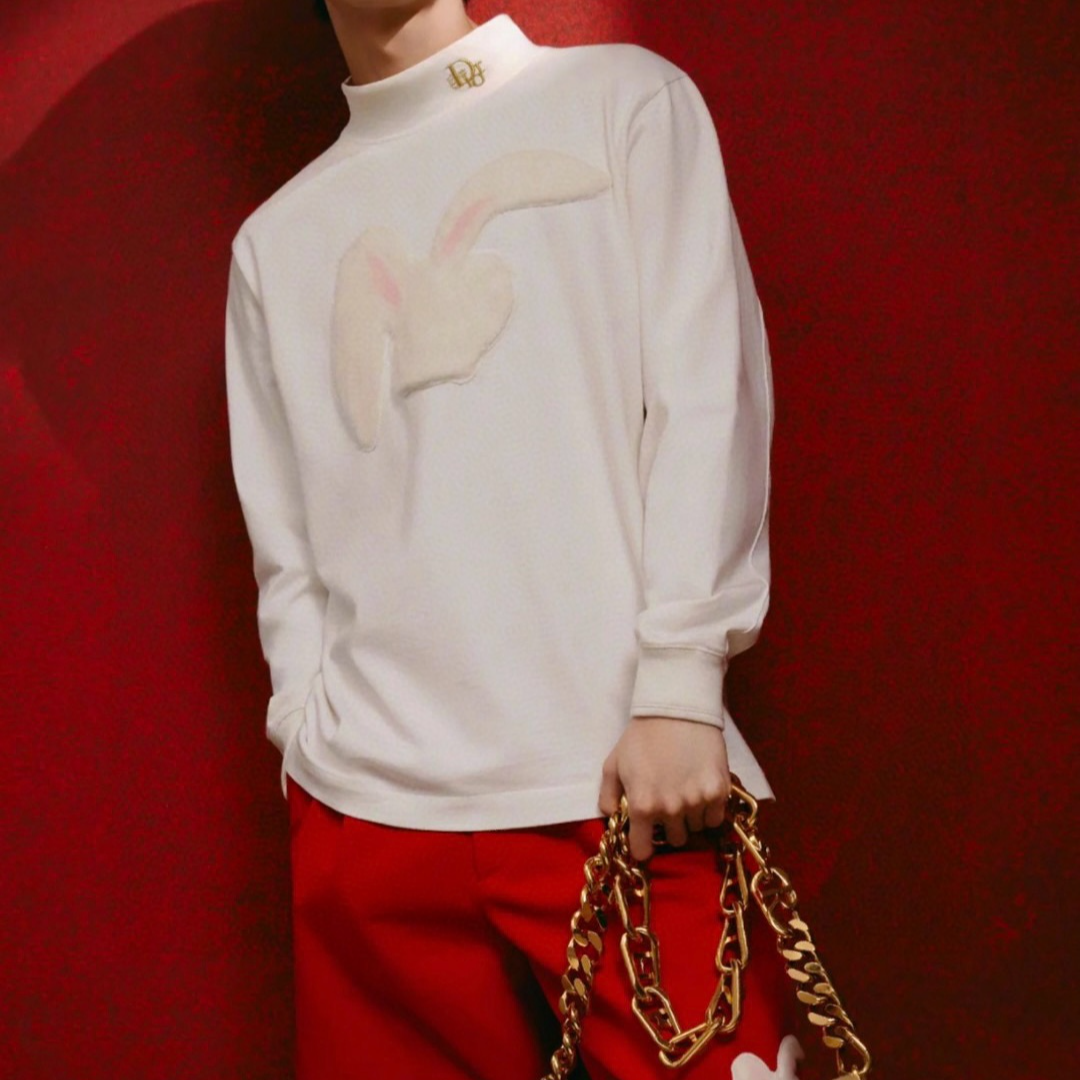 全新未使用 DIOR/迪奥  男士兔年限定款白色半高领长袖T恤 129026