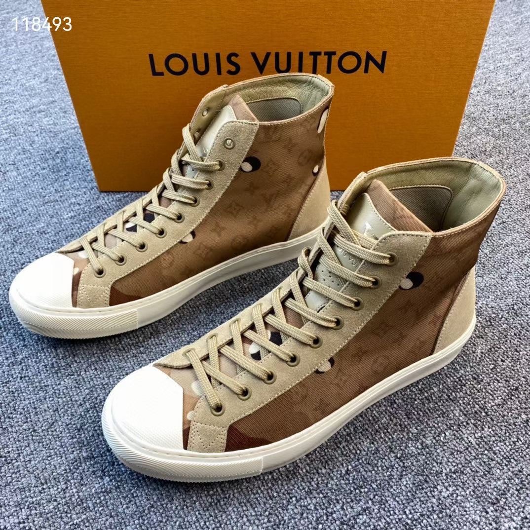 全新未使用 LouisVuitton/路易威登 咖色老花织物高帮板鞋 121130