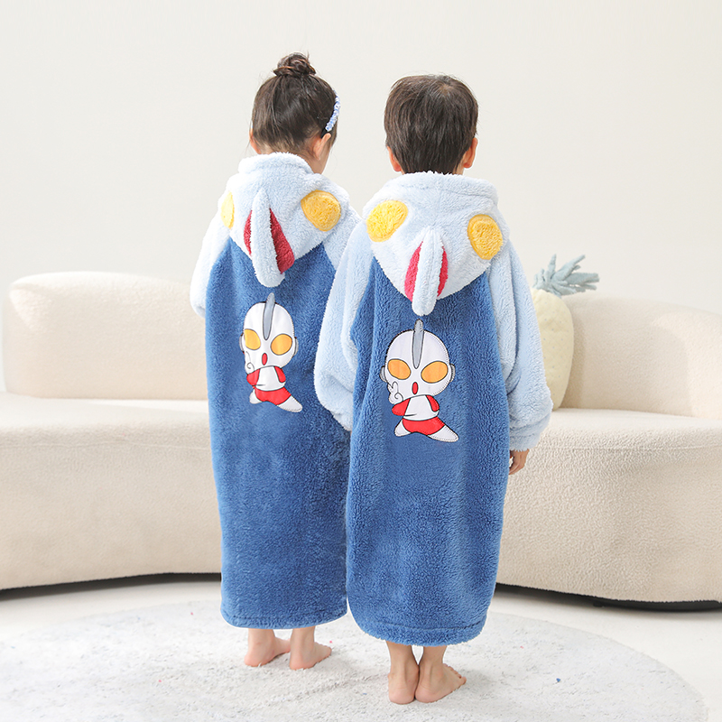 儿童加厚睡袍秋冬季法兰绒加长宝宝睡衣男童女童奥特曼浴袍家居服