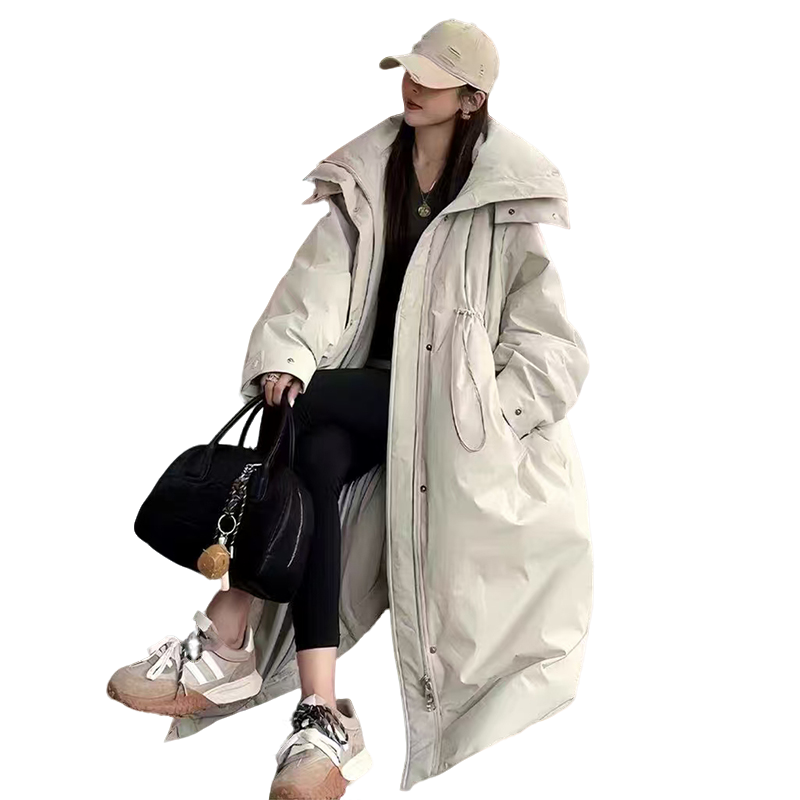 娇娇大朵白鸭绒女士风衣长款羽绒服保暖外套宽松韩版冬季连帽加厚