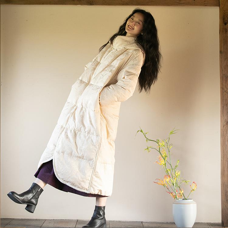 牧衣游原创炒色丝棉提花长羽绒服新款加厚抗寒蓬松保暖外套 梅花