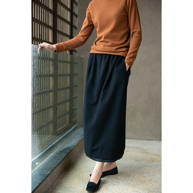 牧衣游原创设计女装秋季经典黑色端庄大方【羊毛呢净色半裙】碧宵