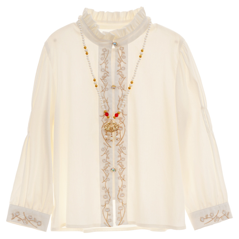 女童长袖衬衫2023秋季新款明制汉服改良版国风汉元素白色上衣衬衫