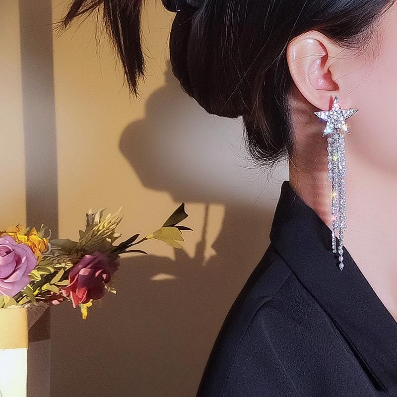 铜合金耳饰 1032不对称耳环女五角星夸张长款珠流苏耳坠韩国气质
