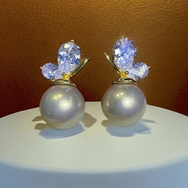 铜合金耳饰 1160银针蝴蝶耳环镶嵌素款轻奢简约经典金色百搭精致