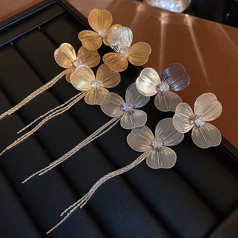 合金耳饰 1043金属风银针花朵流苏耳环夸张耳坠小众轻奢百搭闪亮0