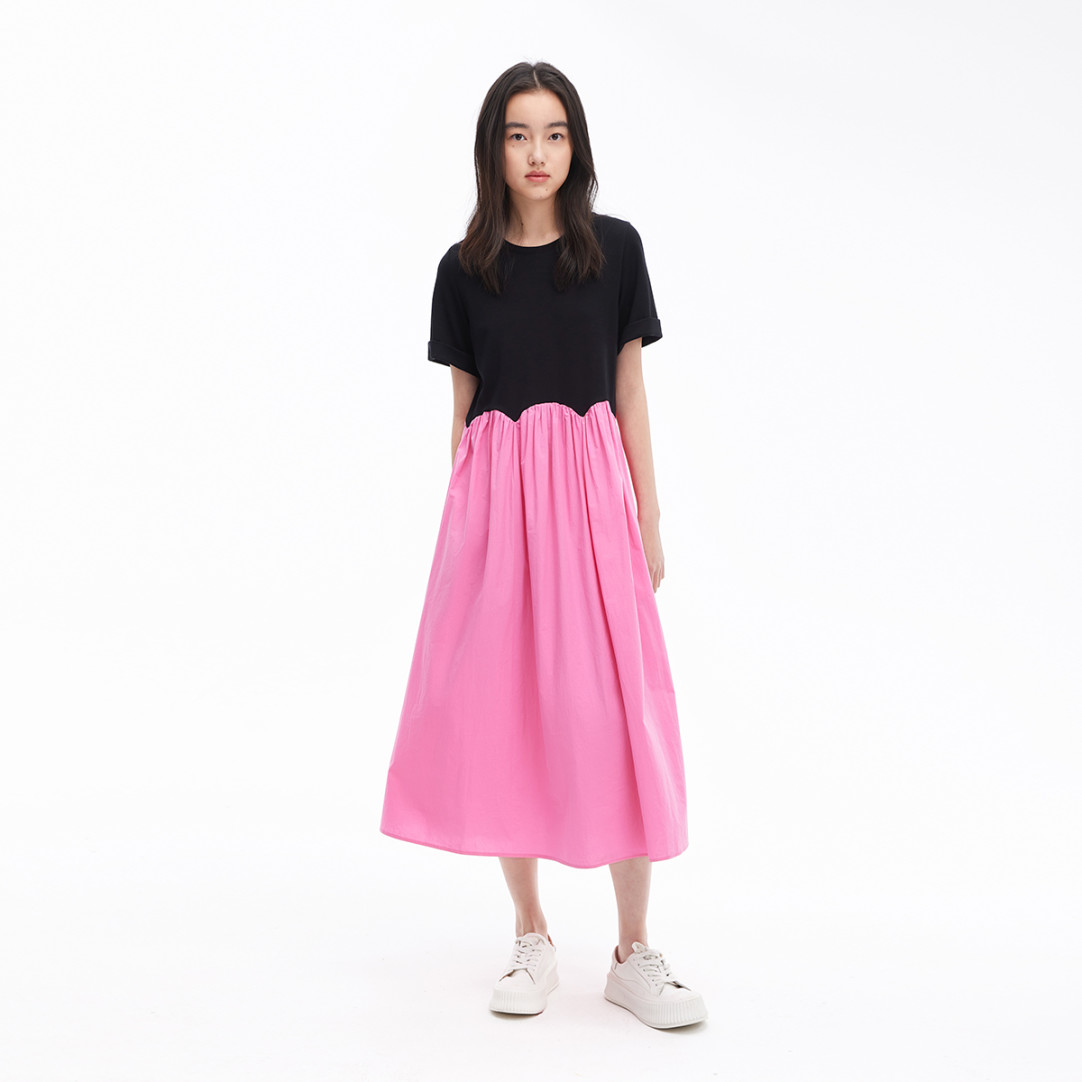 URLAZH · 粉黑粉拼接休闲花瓣连衣裙女LN2DR04 · 粉红 L