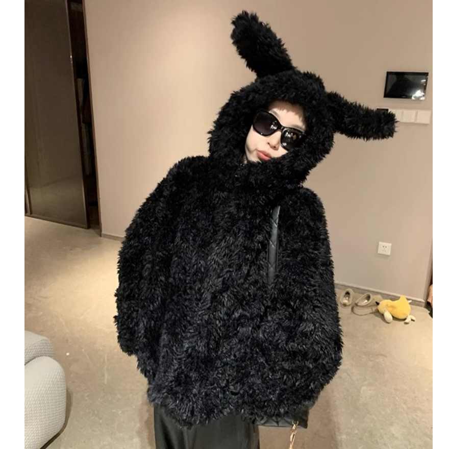 2025秋冬新款可爱兔耳朵毛毛外套女加绒短外套宽松连帽百搭加厚