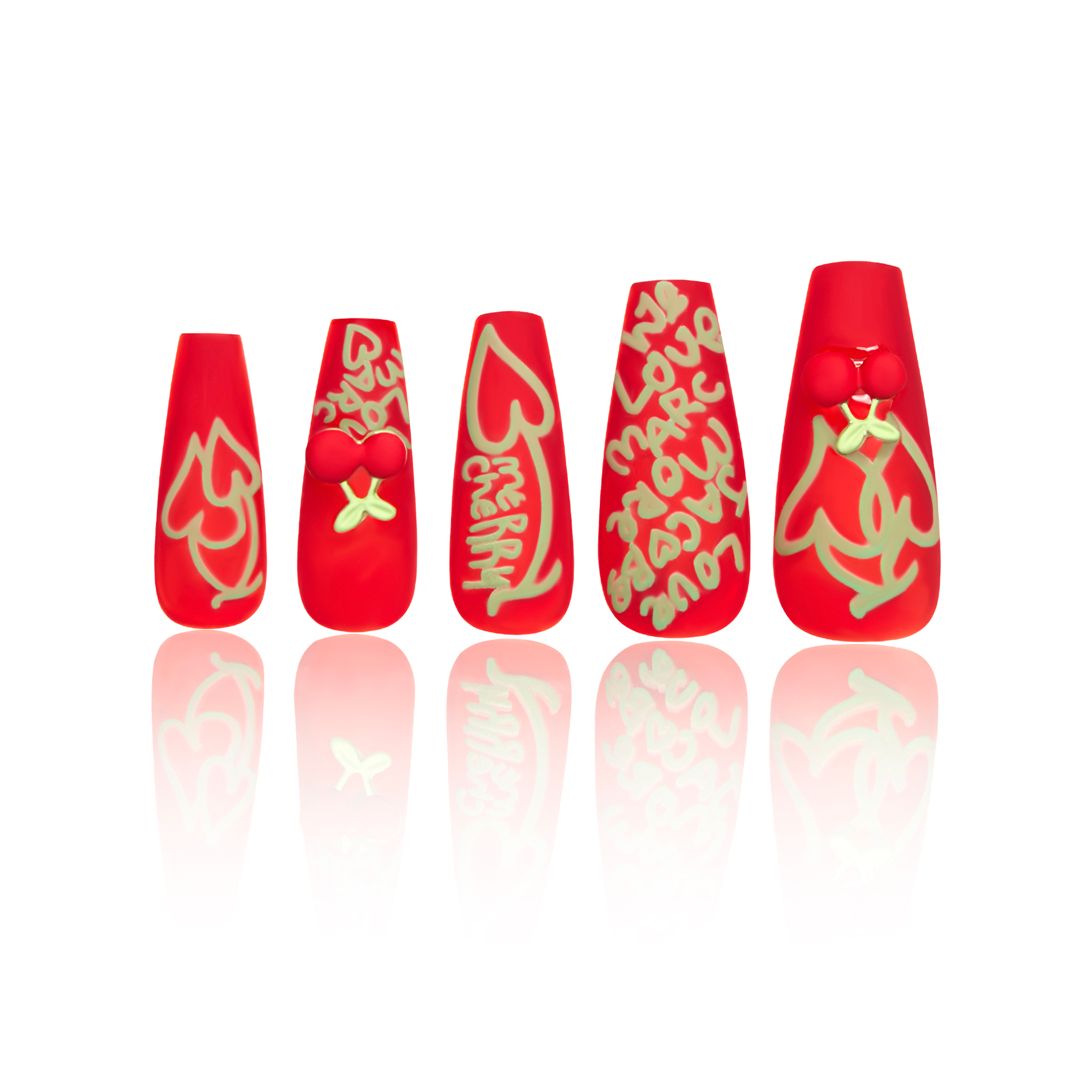 幻调快乐樱桃|穿戴甲高级时尚红色显白夜光甲760纯色磨砂穿戴式