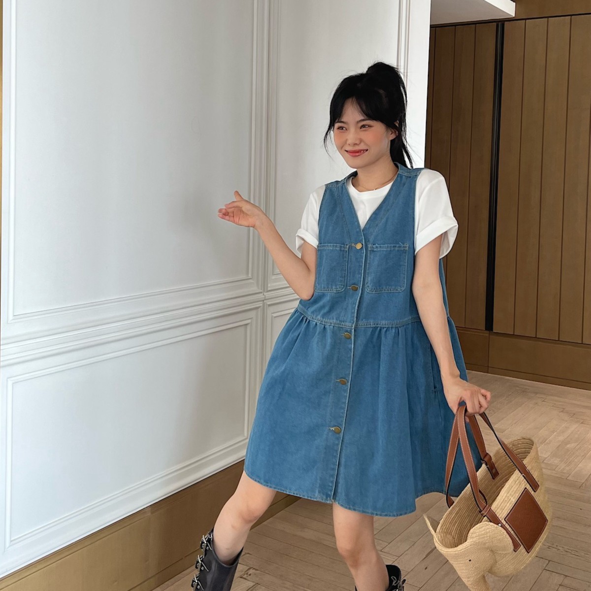 井迪儿【小小水手】～法式奶系小个子复古减龄无袖牛仔背心连衣裙