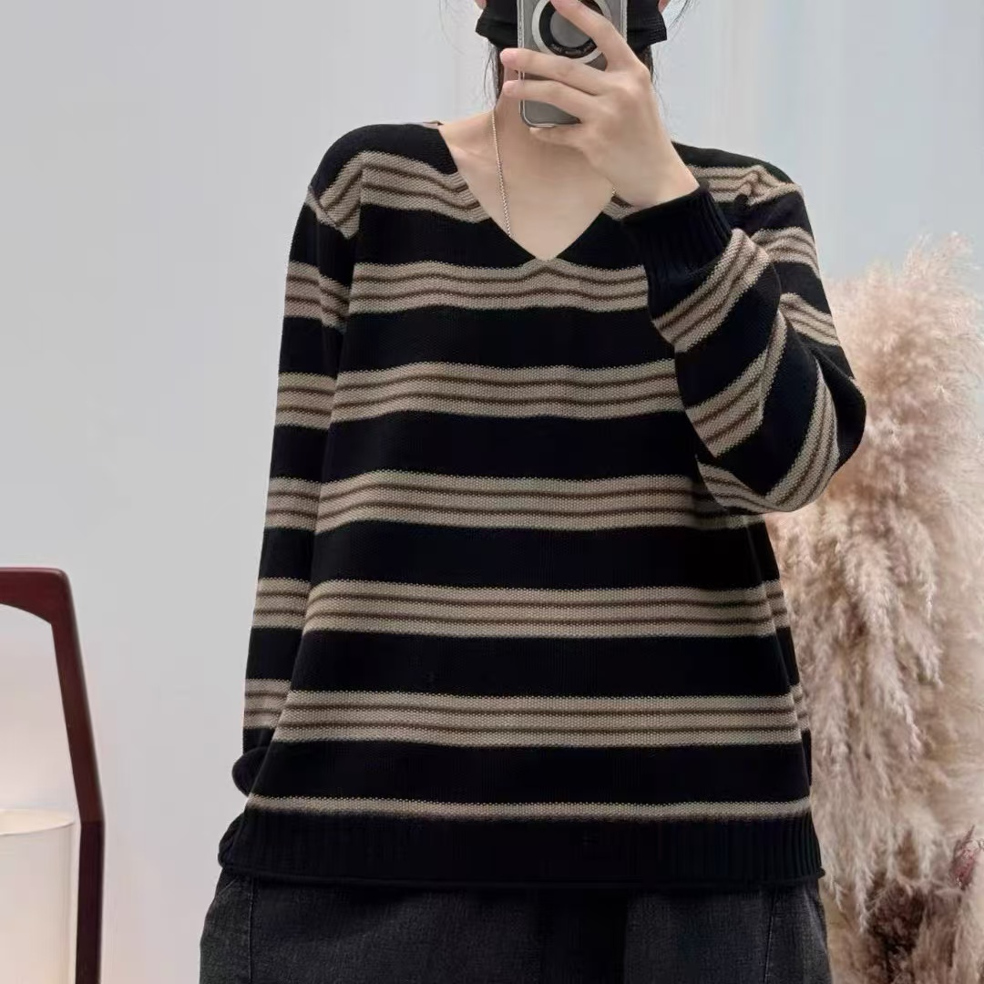 春季新款V领条纹长袖针织衫宽松休闲百搭9610显瘦时尚套头春秋